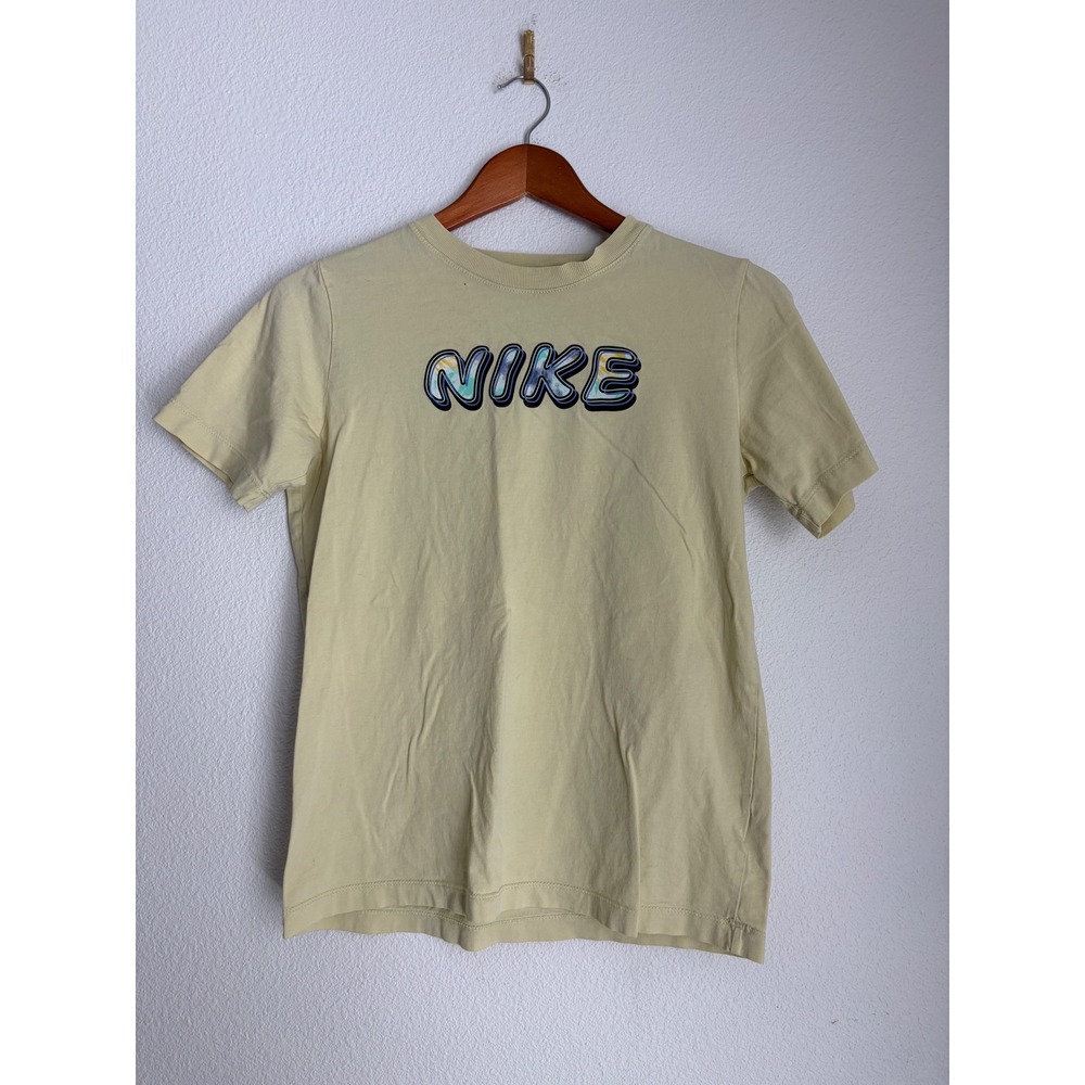 Nike Graphic T-Shirt Womens XS Pale Yellow Bubble Logo Short Sleeve Tee